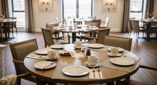 Fototapeta Dining area in nursing home featuring round wooden tables set with plates, cups, and utensils, creating a warm and inviting atmosphere for residents and visitors to enjoy meals together