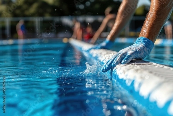 Fototapeta Hands Splashes Water at Swimming Pool Edge with Blue Gloves