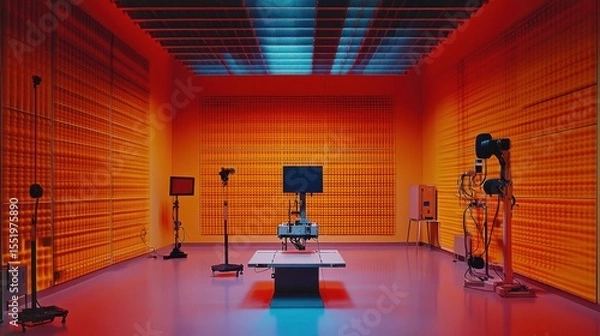 Fototapeta Futuristic laboratory with robotic equipment and vibrant orange walls
