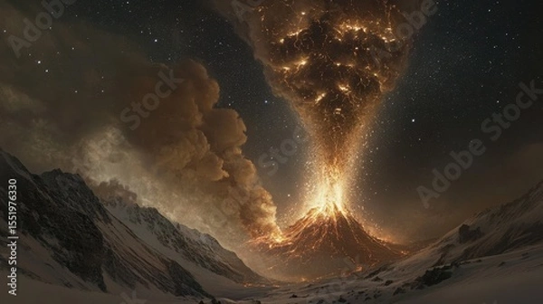 Fototapeta Erupting Volcano with Fiery Lava and Starry Night Sky Background