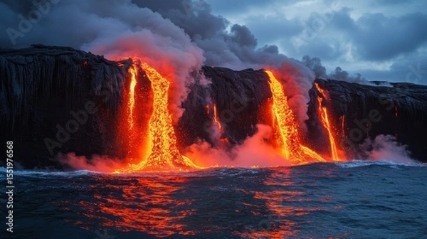 Fototapeta Erupting Volcano with Lava Flowing into Ocean at Sunset