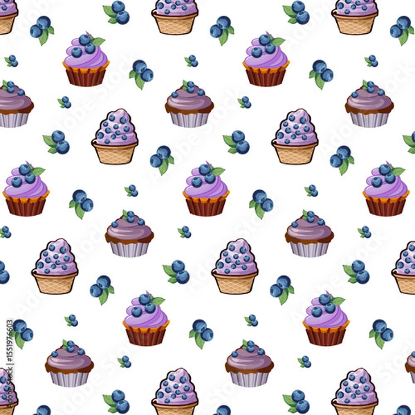 Obraz Sweet desserts with blueberries.Vector seamless pattern with blueberries in sweet desserts on transparent background.