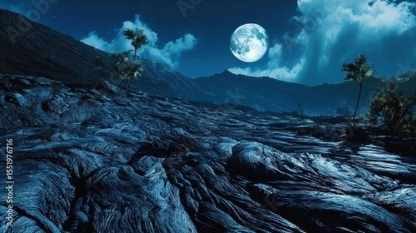 Fototapeta Serene Night View of a Moonlit Lava Landscape with Palm Trees