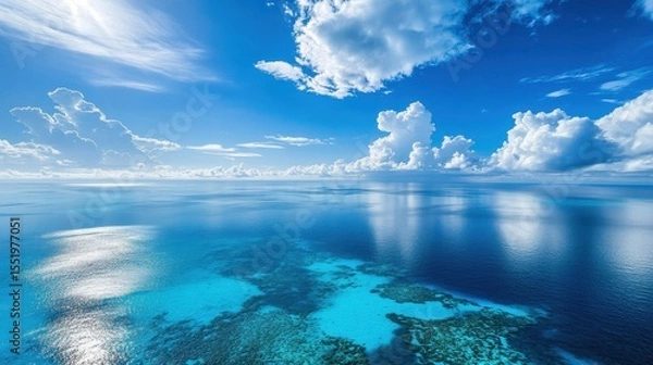 Fototapeta Scenic Aerial View of Bright Blue Ocean and Cloudy Sky Landscape