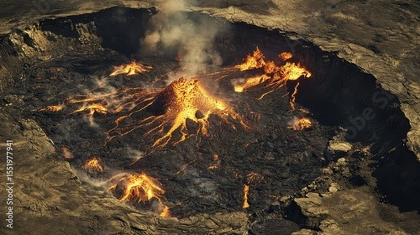 Fototapeta Majestic Eruption of Active Volcano with Flowing Lava and Smoke Plumes