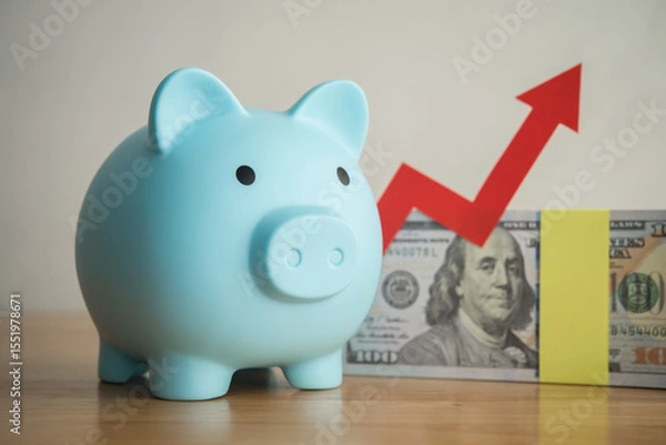 Fototapeta Blue piggy bank, US dollar banknotes with red growth chart. Wealth and money management, money saving, personal financial planning, return on investment, savings for retirement and so on concept.