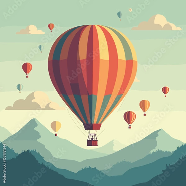 Fototapeta Colorful hot air balloons floating over mountains in a pastel sky  