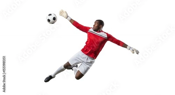 Fototapeta Athletic Goalkeeper Diving to Save Ball, White Background