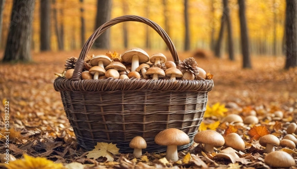 Fototapeta A wicker basket overflowing with various mushrooms is placed on a bed of fallen leaves in a vibrant autumn forest. Golden and orange foliage surrounds the scene, enhancing the seasonal beauty.