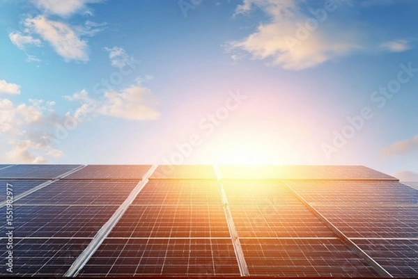 Obraz Solar panels under bright sunlight, clean and minimalistic design. Harnessing renewable energy for a sustainable future.
