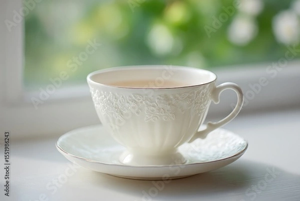 Fototapeta teacup and saucer on windowsill with sunlight catching glaze