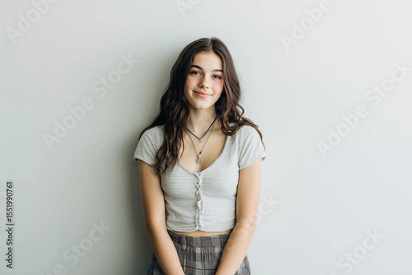 Obraz Teen girl smiling softly in clean white room with simple outfit