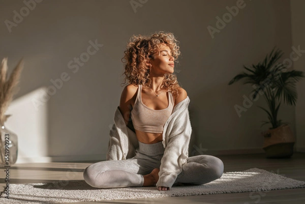 Obraz Young woman stretching on yoga mat in bright minimal room
