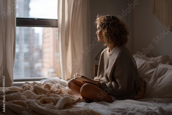Obraz Girl holding tea cup near window in soft light and cozy outfit