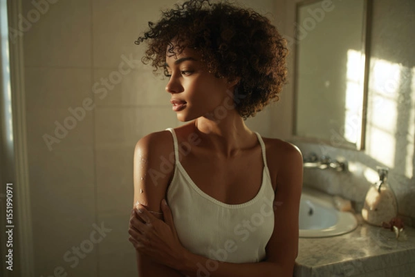 Obraz Young woman applying lotion to shoulder in neutral bathroom