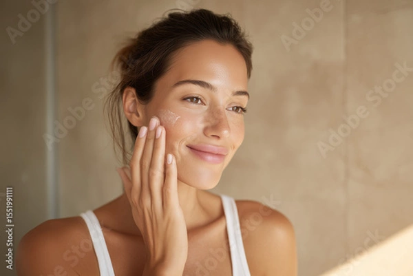 Obraz Young woman applying facial moisturizer in neutral bathroom