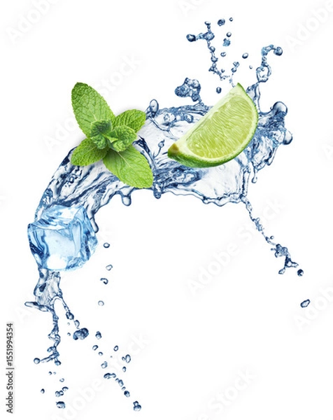 Fototapeta Refreshing Splash of Water With Lime, Mint Leaves, and Ice Cubes