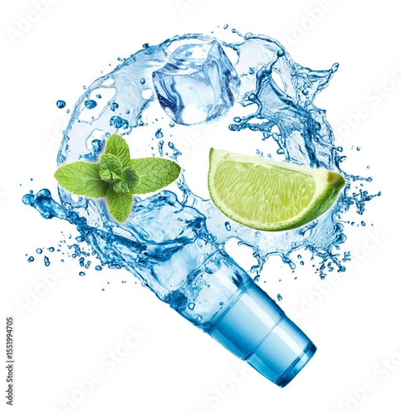 Fototapeta Refreshing Splash With Lime, Mint, Water, and Ice on a White Background