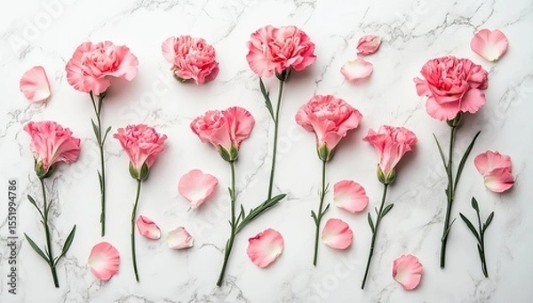 Fototapeta Photo of pink carnations and petals on a white marble background, top view with copy space for text.