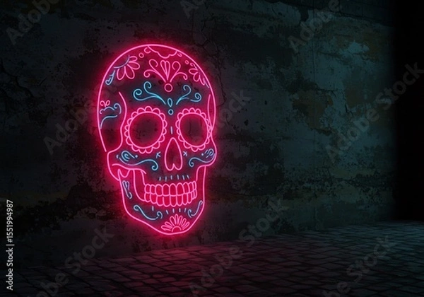 Fototapeta 어둠 속 핑크빛 해골 네온사인 벽면 장식