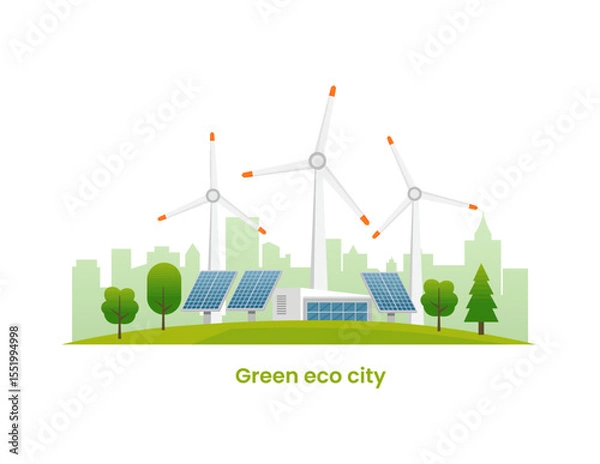 Fototapeta An eco friendly city illustration with wind turbines and solar panels, surrounded by trees and green buildings, promoting renewable energy and sustainability