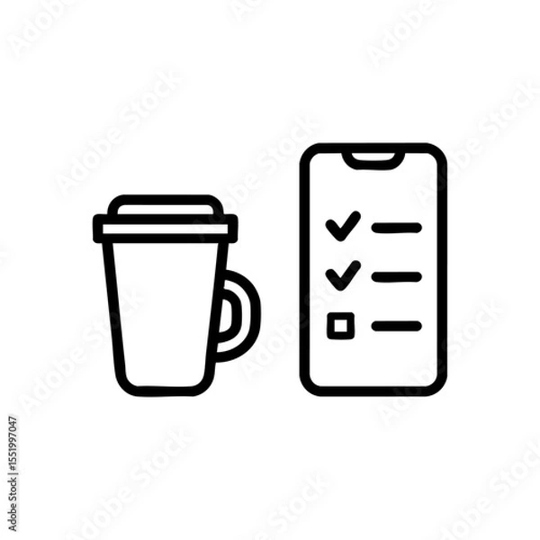 Fototapeta Vector icon of a coffee mug beside a smartphone checklist in modern outline style.

