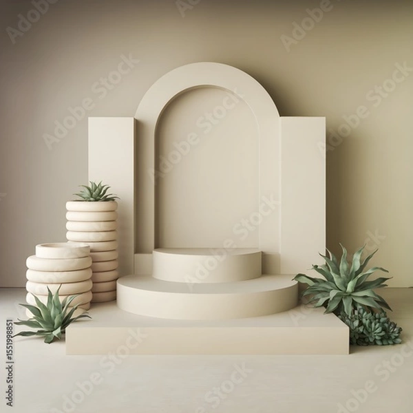 Fototapeta 3d display product beige minimal scene with geometric podium platform. cylinder background vector 3d rendering with podium. stand for cosmetic products. Stage showcase on pedestal 3d beige studio