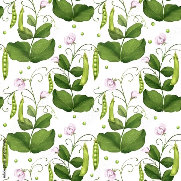 Fototapeta Seamless pattern green pea pods and leaves