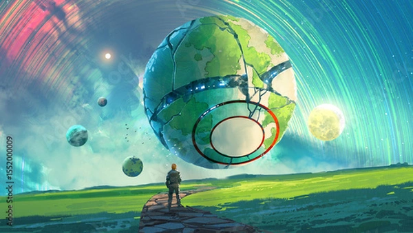 Fototapeta A lone traveler walks along a path toward a massive floating cracked planet surrounded by vibrant colors and smaller celestial bodies, digital art style, illustration painting