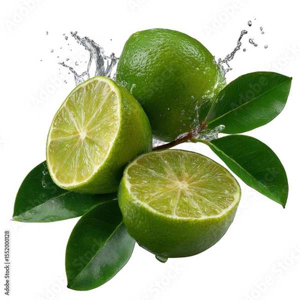 Fototapeta Fresh limes with water splash isolated on transparent background