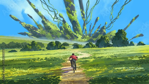 Fototapeta A person on a bicycle rides toward a surreal, massive alien-like structure sprouting tendrils in the middle of a green landscape., digital art style, illustration painting