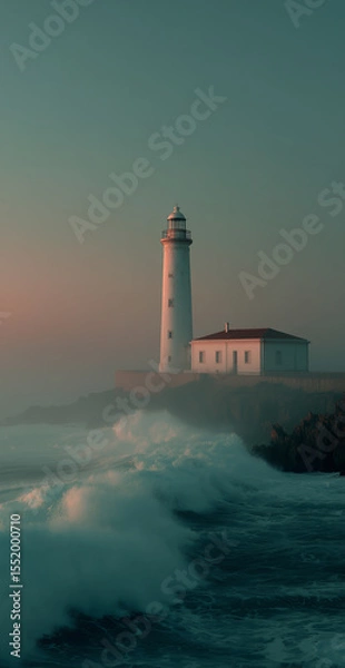 Fototapeta Lighthouse stands tall against crashing waves at sunset in a coastal location