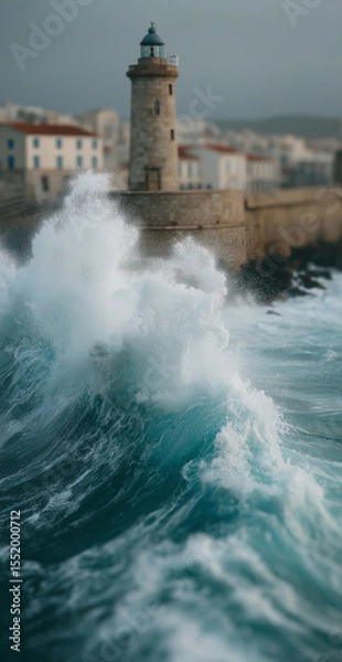 Fototapeta Powerful ocean waves crashing against the stone pier near a historic lighthouse at dusk