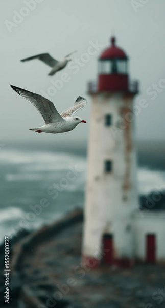 Fototapeta Seagulls soar near a lighthouse during a stormy coastal day with waves crashing against the shore