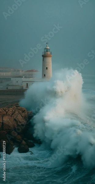 Fototapeta Coastal lighthouse withstands towering waves during a stormy day at the shoreline