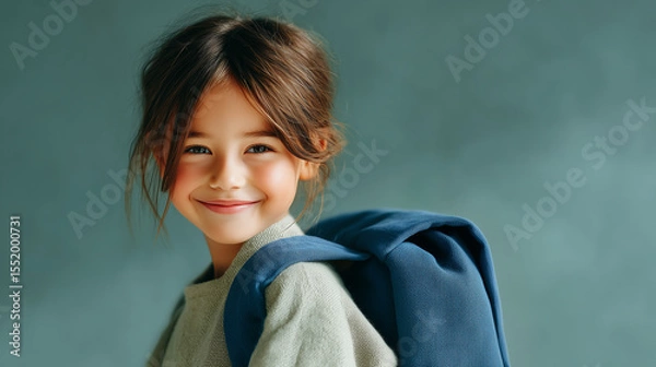 Fototapeta Smiling girl with backpack ready for school in a calm indoor setting during daylight