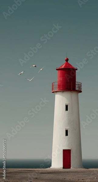 Fototapeta Lighthouse with red top stands alone at the shore under a hazy sky while birds soar above the calm sea