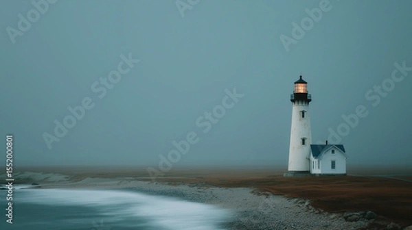 Fototapeta Foggy coastal view with lighthouse illuminating the shore at dusk