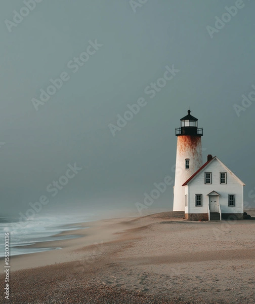 Fototapeta Coastal lighthouse stands alone on deserted beach under overcast sky near the ocean
