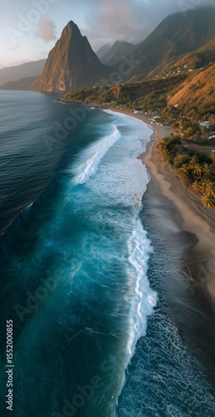 Fototapeta Majestic coastal view featuring turquoise waves and rugged cliffs at sunset