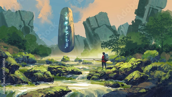 Fototapeta An ancient glowing monolith floats above a mossy jungle creek, observed by a lone explorer in a mysterious ruin, digital art style, illustration painting