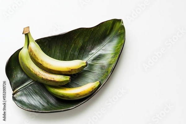 Fototapeta Photo of bananas on a white background with a banana leaf, top view, with copy space.