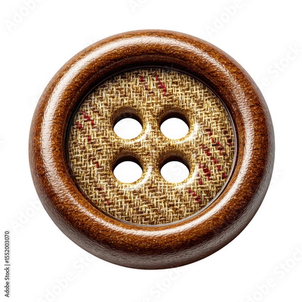 Obraz Close up of a round wooden button with a textured fabric insert isolated on transparent background