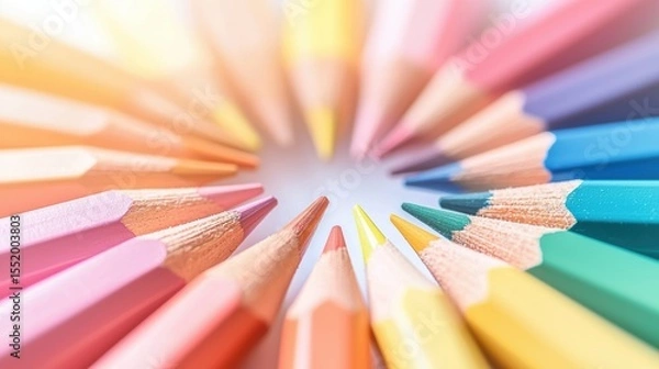 Fototapeta Colorful pencils arranged in a circular pattern, creating a lively and energetic atmosphere.