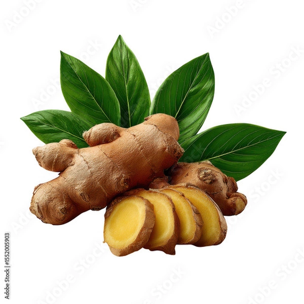 Fototapeta Fresh ginger root and leaves isolated on transparent background