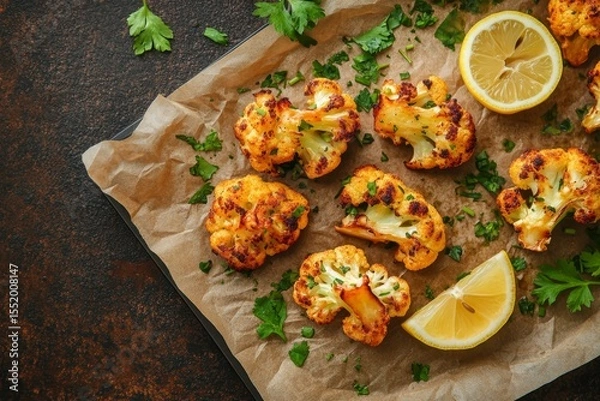 Fototapeta Herb infused roasted cauliflower wings with lemon against a subtle brown backdrop