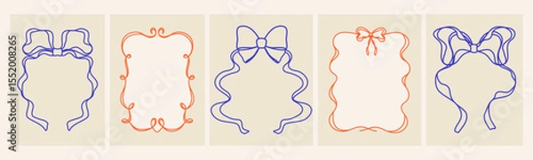Fototapeta Set of frames and borders in wavy style. Ribbon, bows, bowknot. Elements for greeting cards, Valentine's day, birthday. Coquette. Hand drawn and doodles. Outline, line art. Whimsical collection.