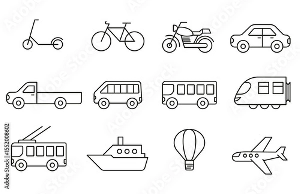 Fototapeta Set of icons of different types of transport. Set of transport icons in linear style.