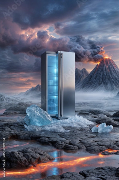 Obraz Modern fridge among ice cubes with an erupting volcano in the background. Cooling household appliances and refrigeration concept. Surreal illustration for poster, commercial, advertising, design 