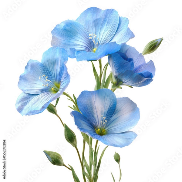 Fototapeta Delicate blue flax flowers with buds isolated on transparent background
